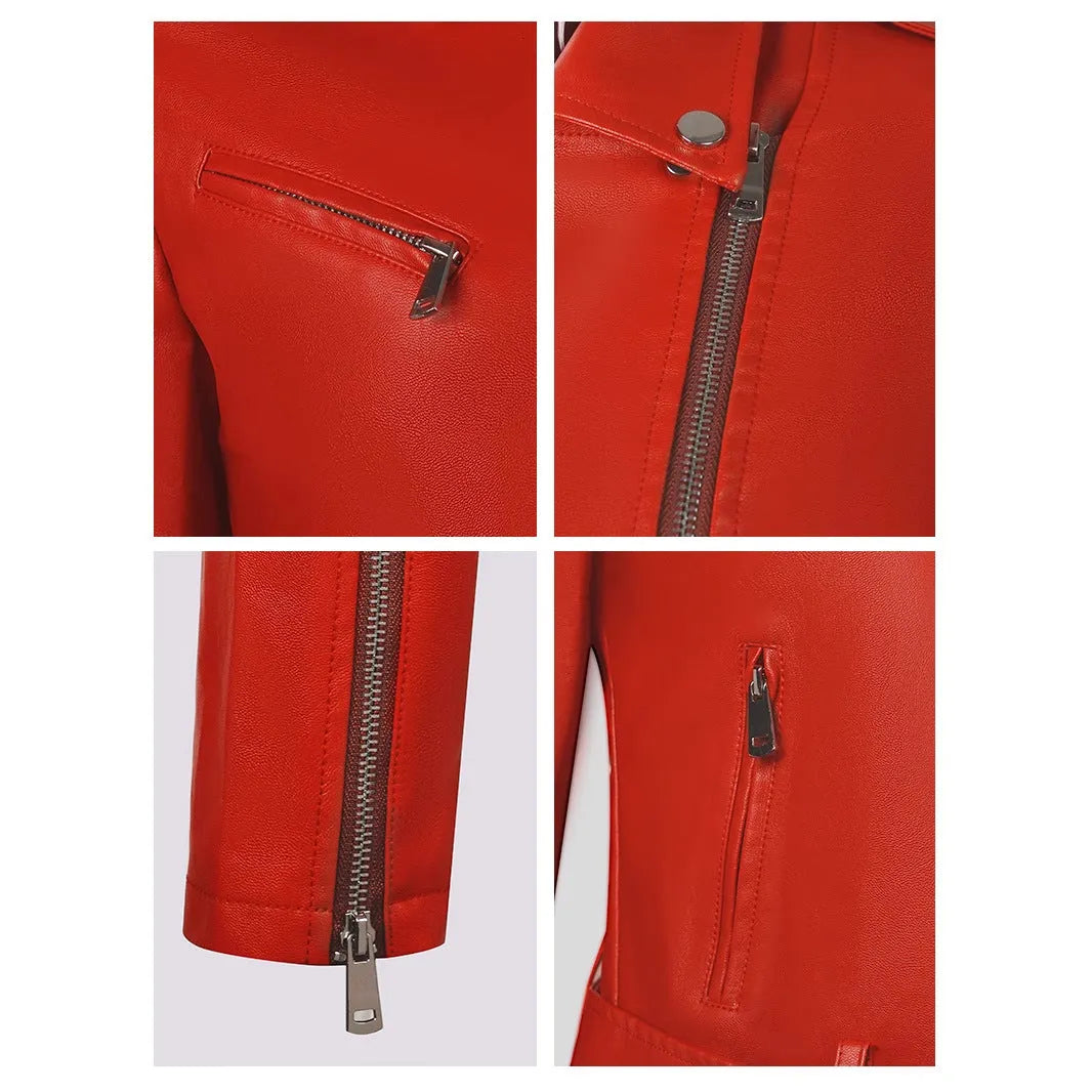 Women's black PU leather jacket with lapel collar and an adjustable waist belt, shown front-on.