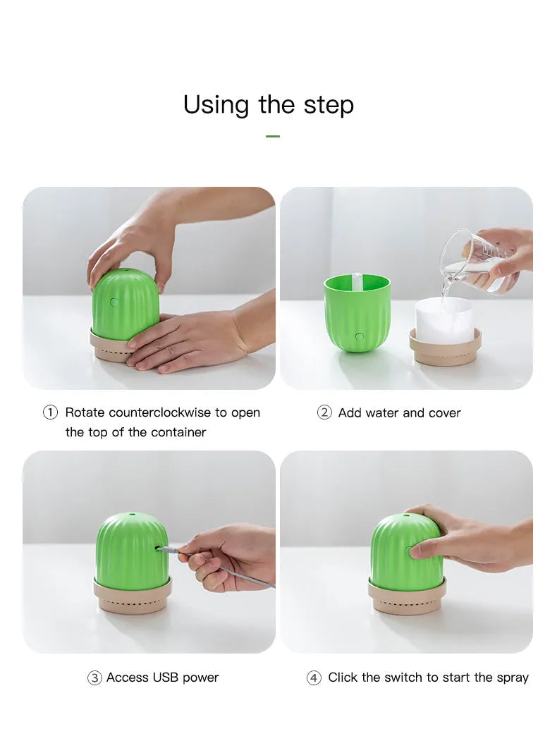 Cactus humidifier night light in green with colourful glow, 260ml tank, USB model