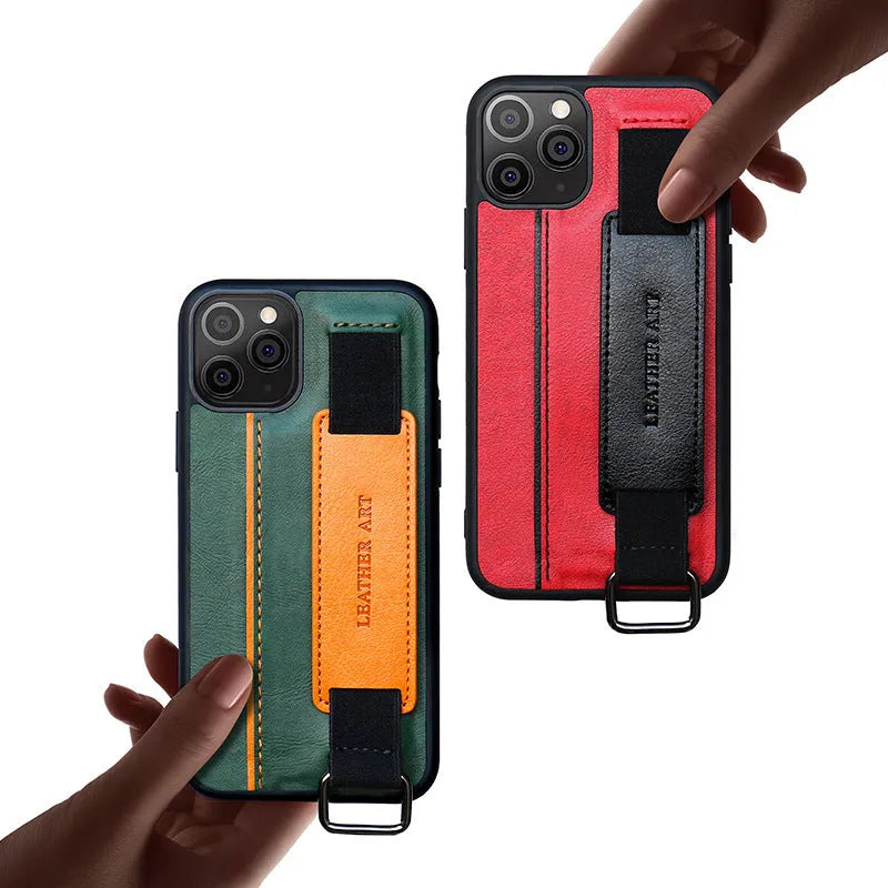 Leather wristband phone case in brown with wallet style and bracket strap for iPhone