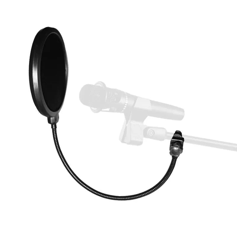 Black microphone anti-spray shock mount with elastic suspension bands on a stand