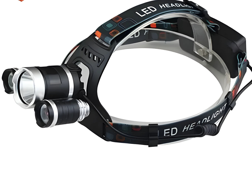 Aluminum alloy rechargeable LED headlamp with elastic headband, shown illuminating in dark setting.