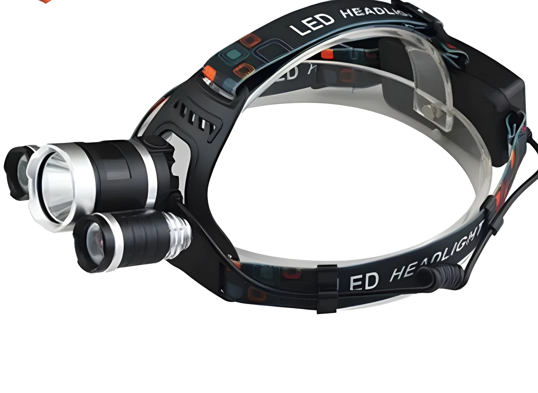 Aluminum alloy rechargeable LED headlamp with elastic headband, shown illuminating in dark setting.