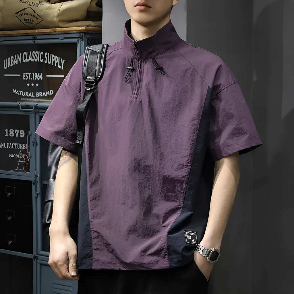 Men's brown half zip stand collar shirt made from ice silk fabric with short sleeves.