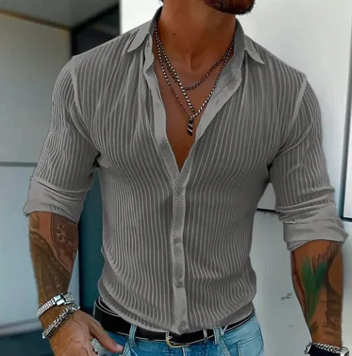 Men's striped British style cardigan shirt with long sleeves in polyester blend fabric