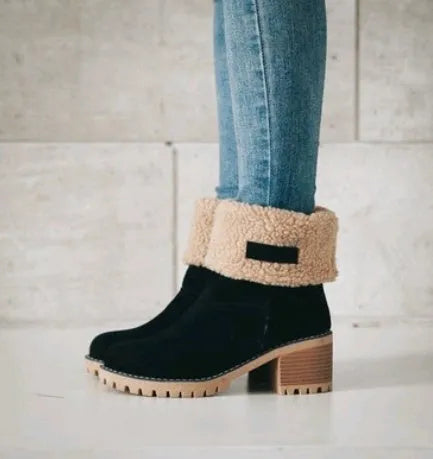 Women's mid-tube suede snow boots with a thick heel and waterproof platform in various colours.