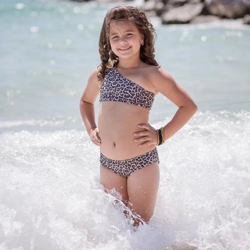 Kids baby girls leopard print one shoulder swimsuit in cotton blend, sizes 60-120