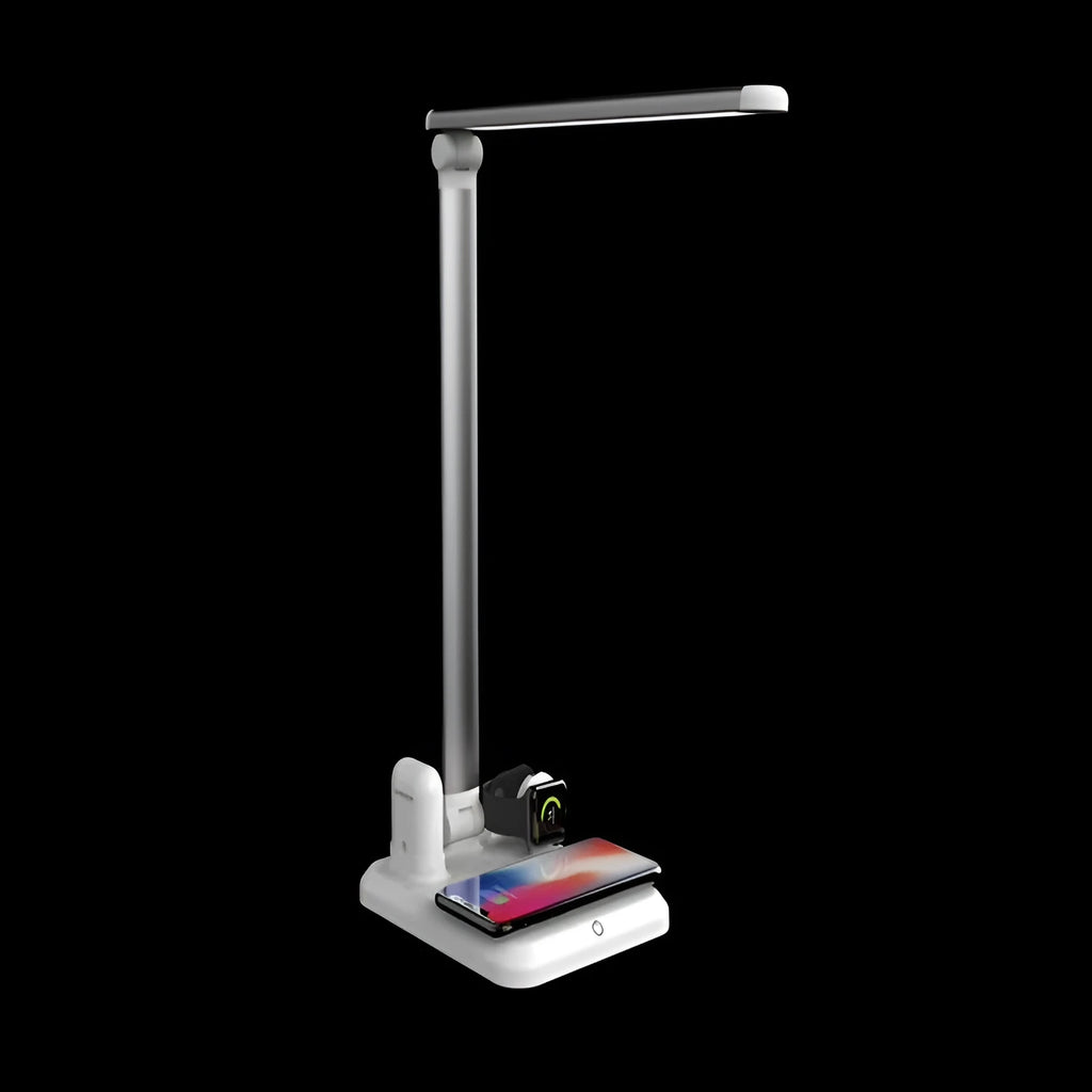 Black and white multi-function LED desk lamp with integrated wireless charging pad for mobile phones.