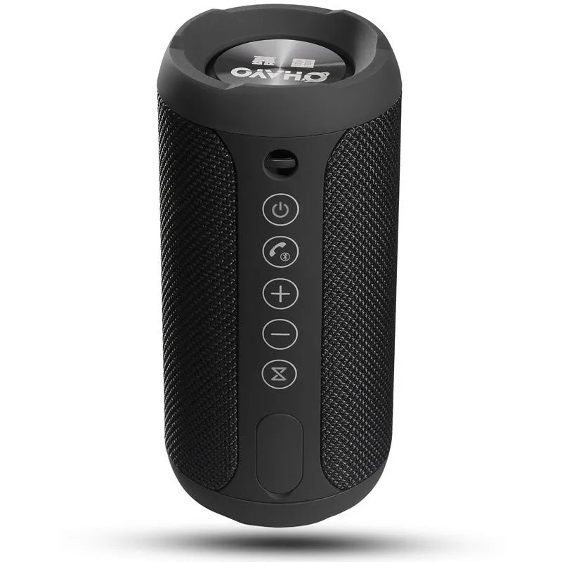 Compact portable outdoor Bluetooth speaker in black, showing control buttons and a speaker grille.