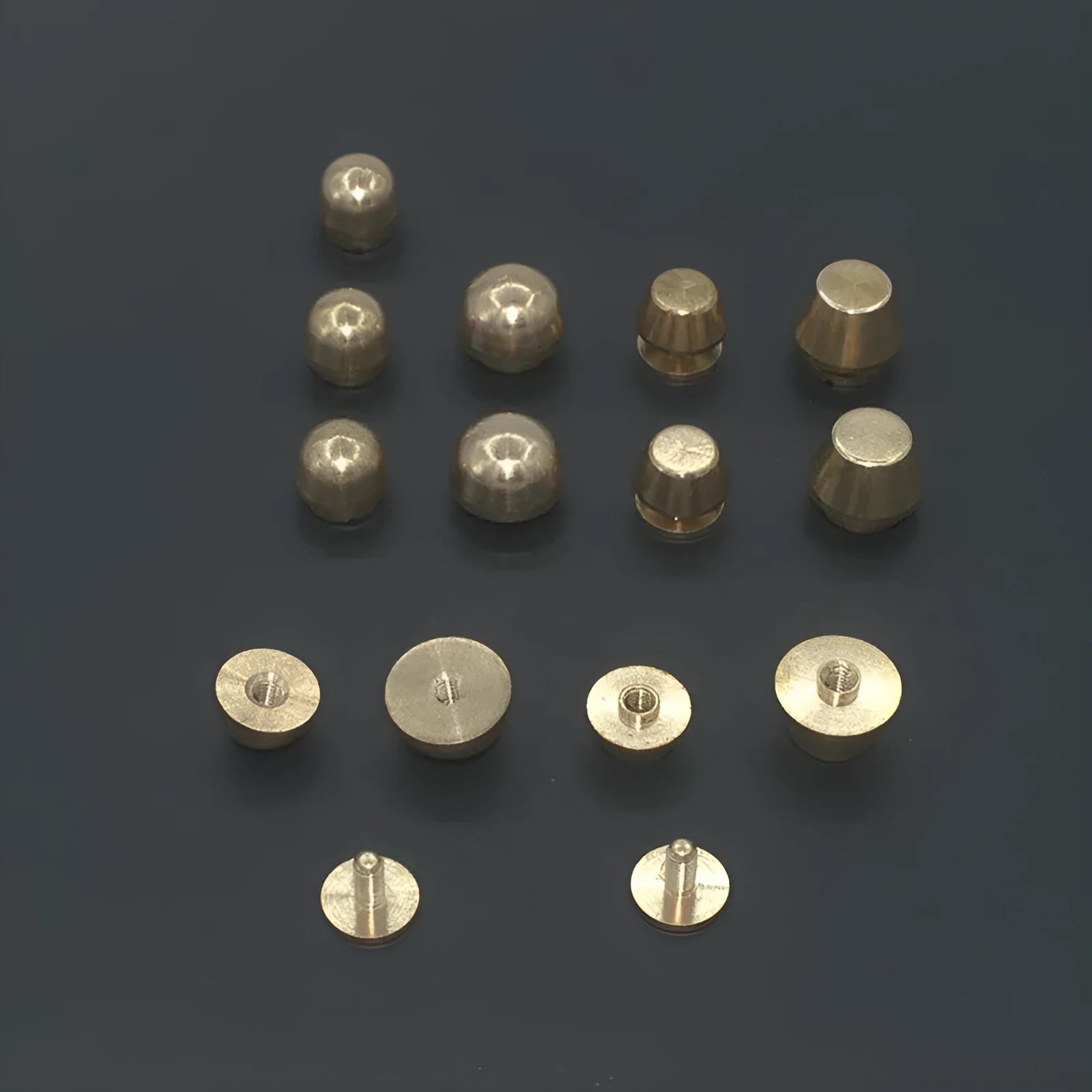 Brass decorative buckle showing round and bucket foot nail styles in 10x6mm and 12x7mm sizes