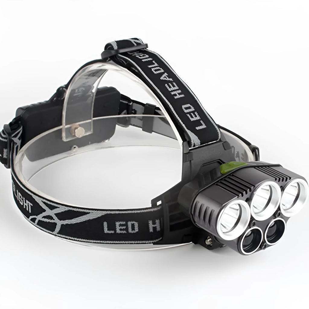 Fixed focus headlamp with head strap, showing long-range beam for outdoor camping.