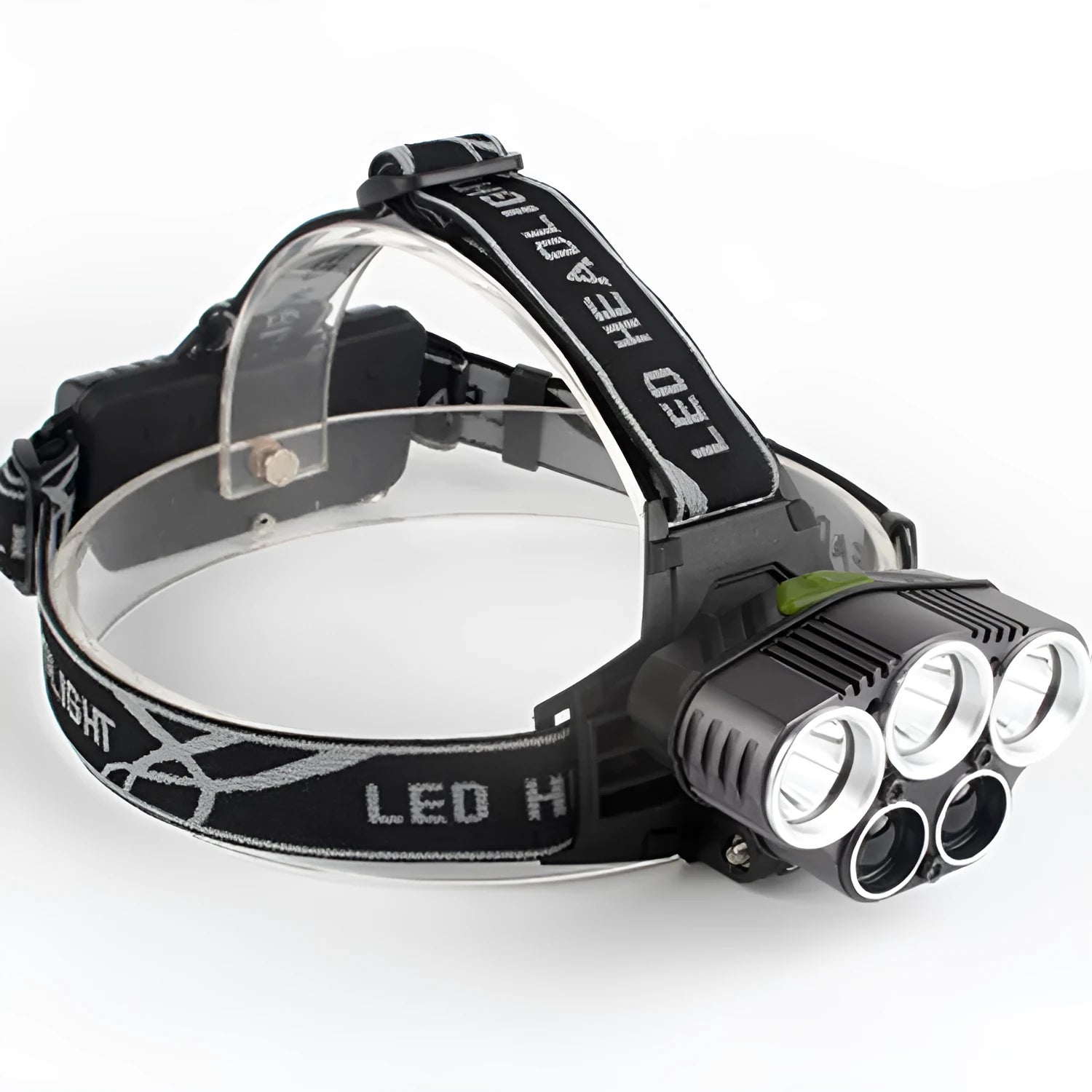 Fixed focus headlamp with head strap, showing long-range beam for outdoor camping.