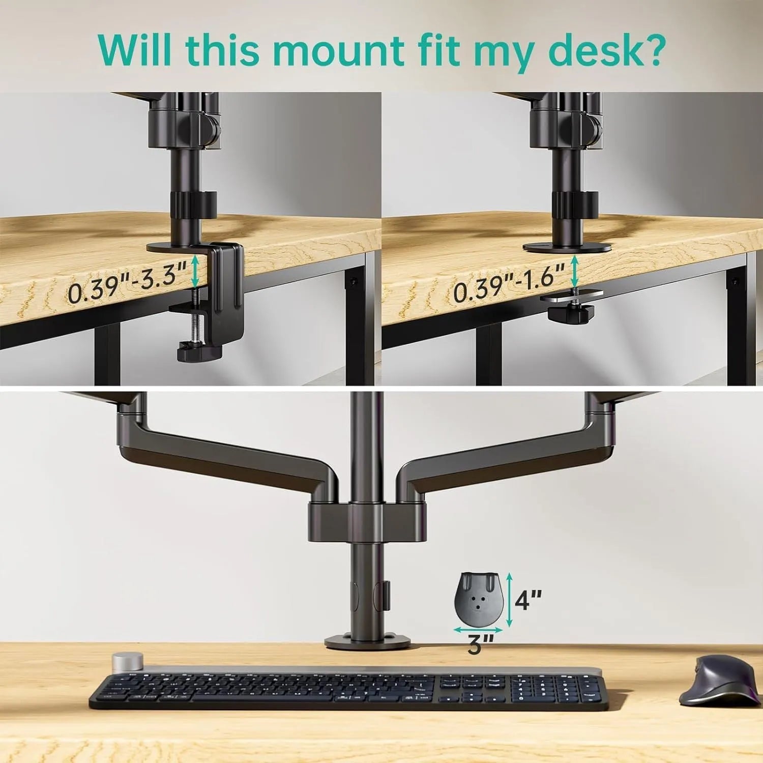 Black aluminium three-arm gas spring monitor mounting arm for 13-27 inch screens.