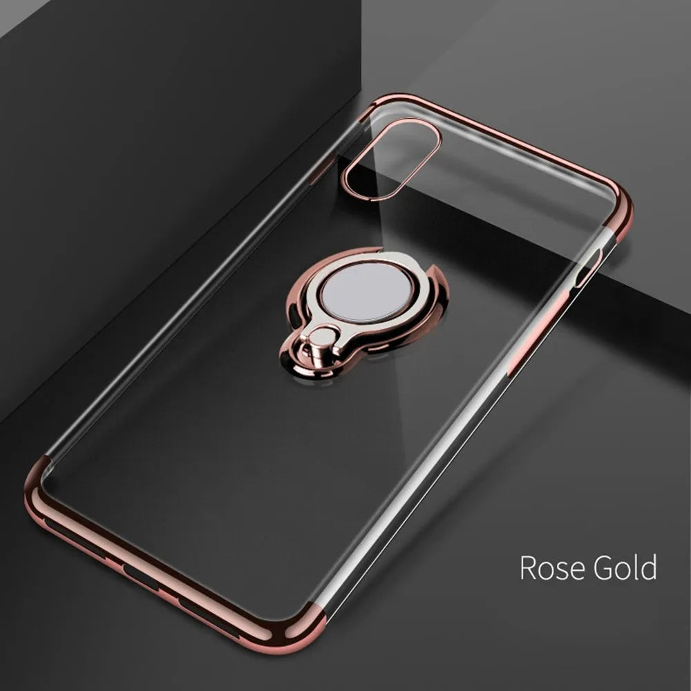 Black magnetic ring phone case for iPhone XR with protective shell, ports accessible