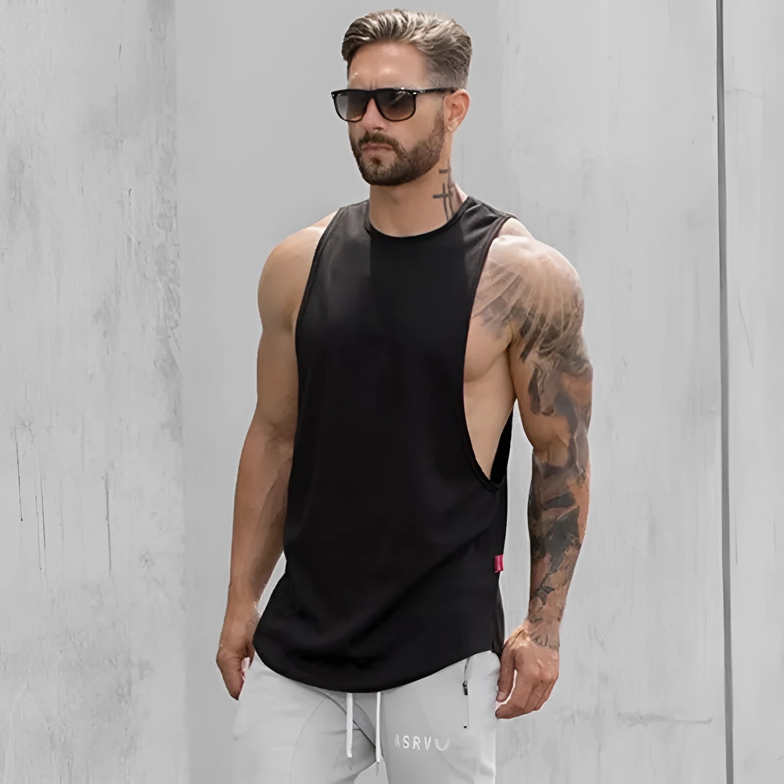 Men's breathable polyester gym tank top in Army Green with contrast trim, sleeveless cut for bodybuilding training
