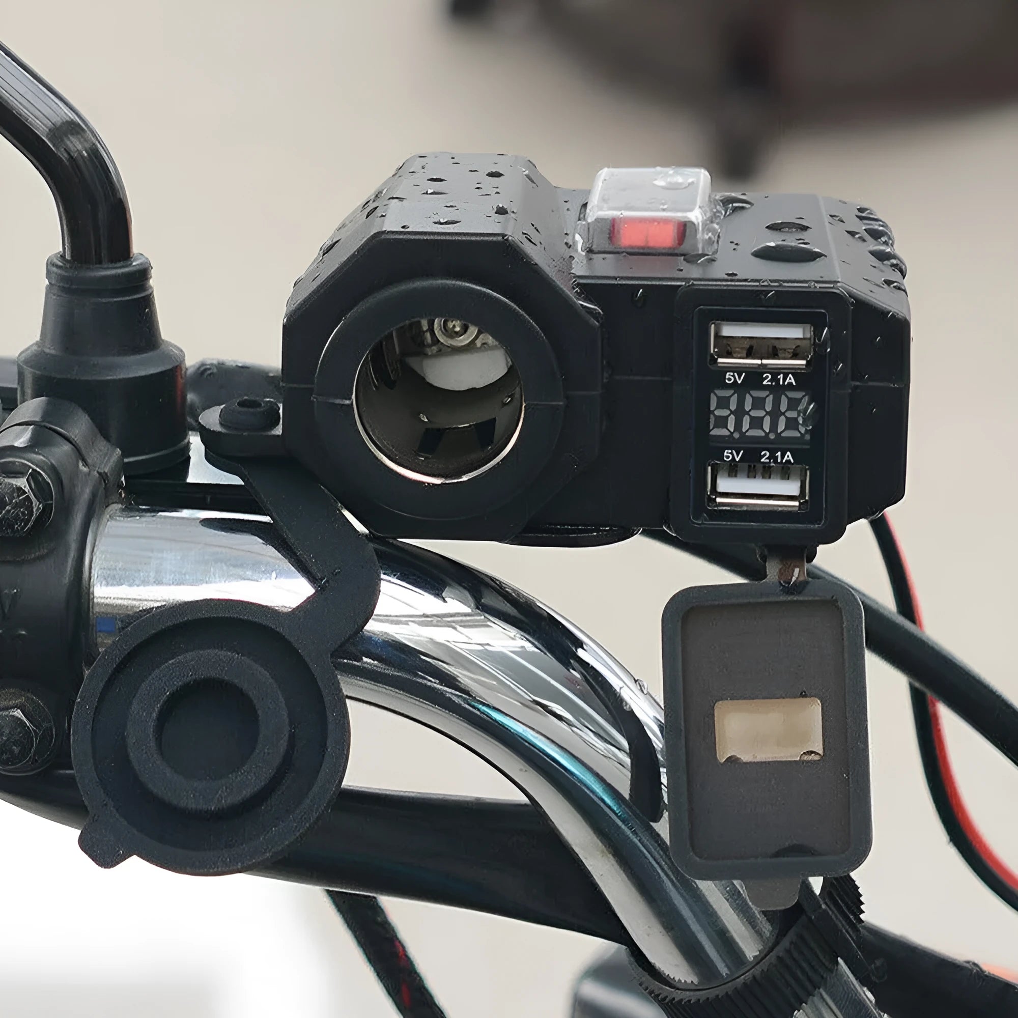Black motorcycle USB waterproof charger with voltmeter and dual ports for handlebar or rearview mirror mounting