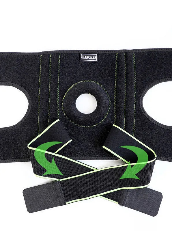Outdoor sports compression knee pad made of OK cloth and Lycra with metal springs and magic buckle in black