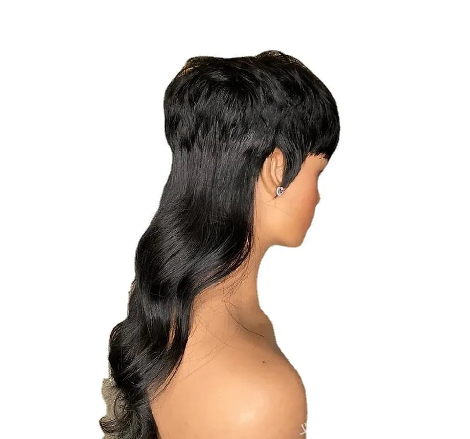 Black Brazilian synthetic wig with fringe bangs and long back layers.