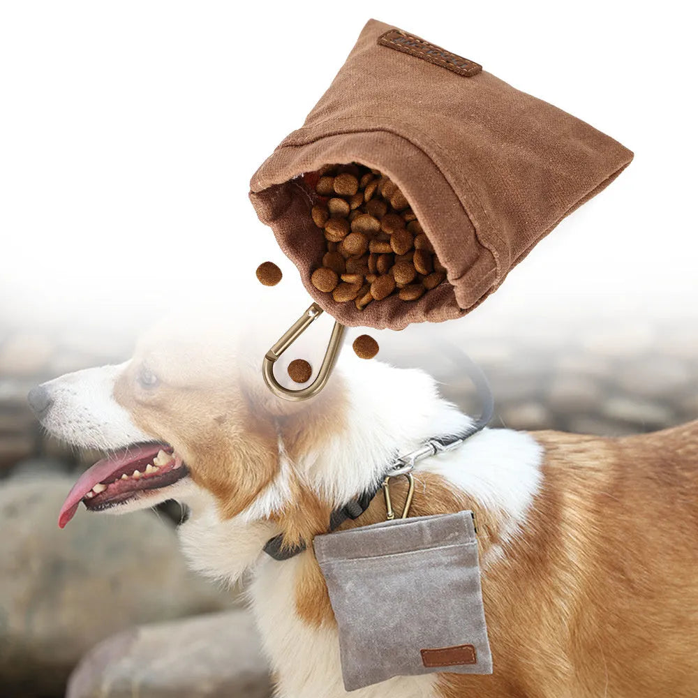 Waxed canvas pet snack bag in Khaki colour, compact treat pouch for dog training outdoors