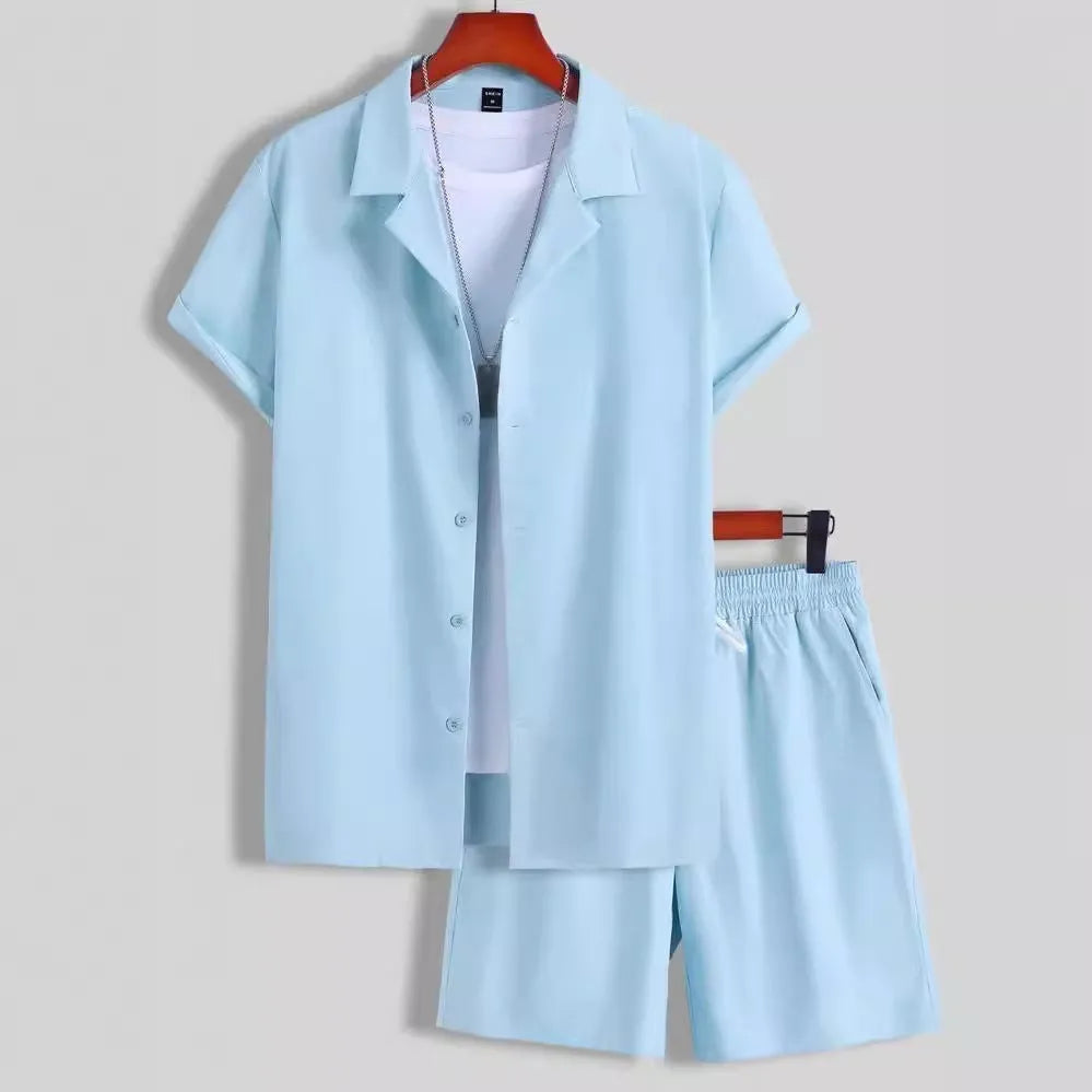 Men's short sleeve Cuban collar sport suit with matching shorts in lightweight polyester fabric