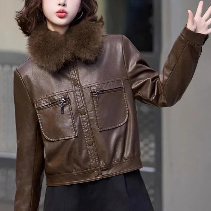 Women's fleece-lined faux leather coat in black, short lapel Western style, available in sizes L to 4XL