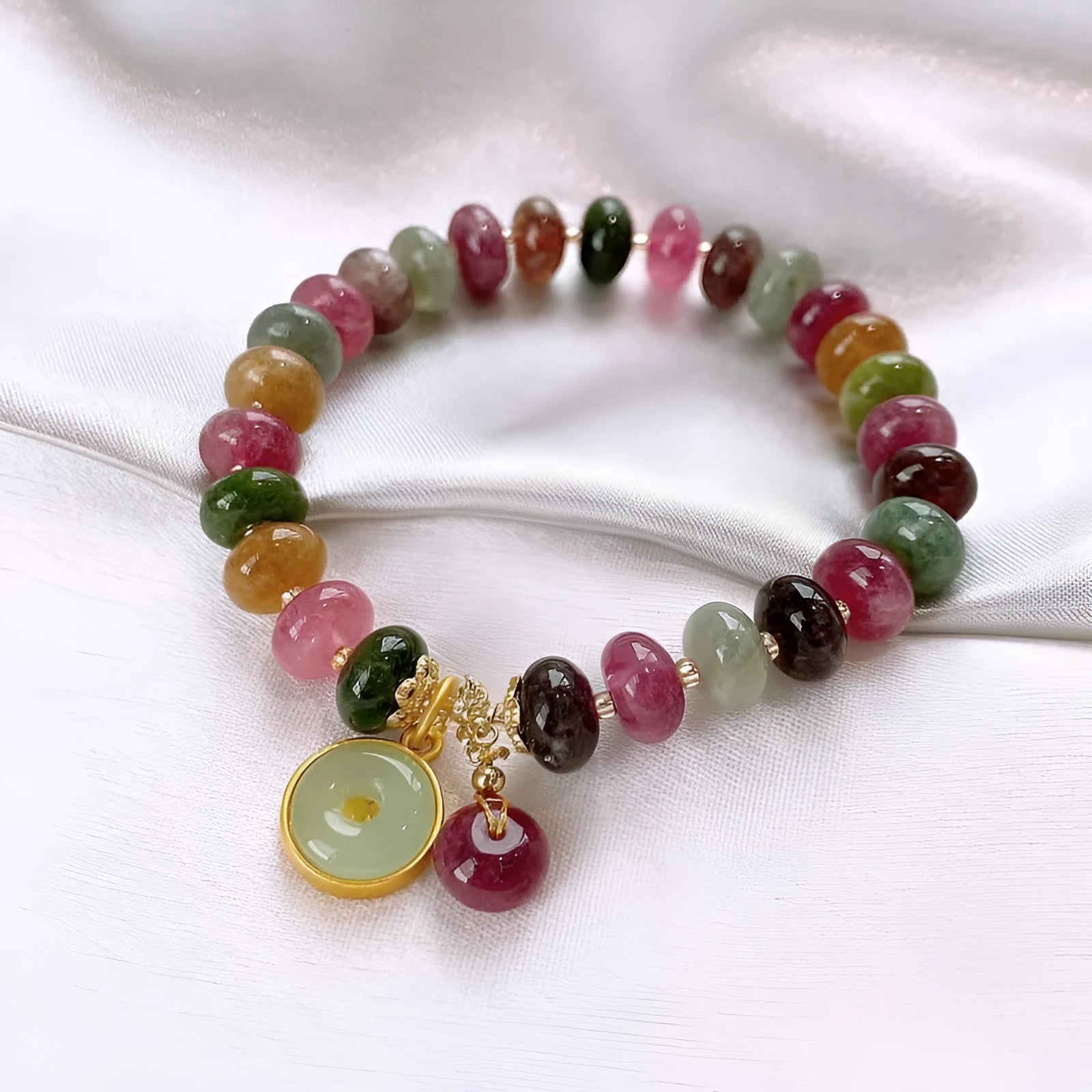 Natural stone colour tourmaline abacus beaded bracelet with rabbit pendant