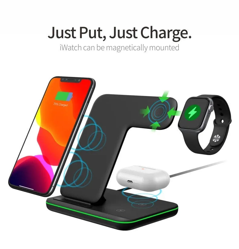 White three-in-one wireless charging stand for mobile phone, smartwatch, and headset on a desk.