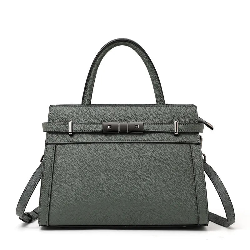 Genuine leather women's crossbody bag in horizontal square shape with clamshell opening
