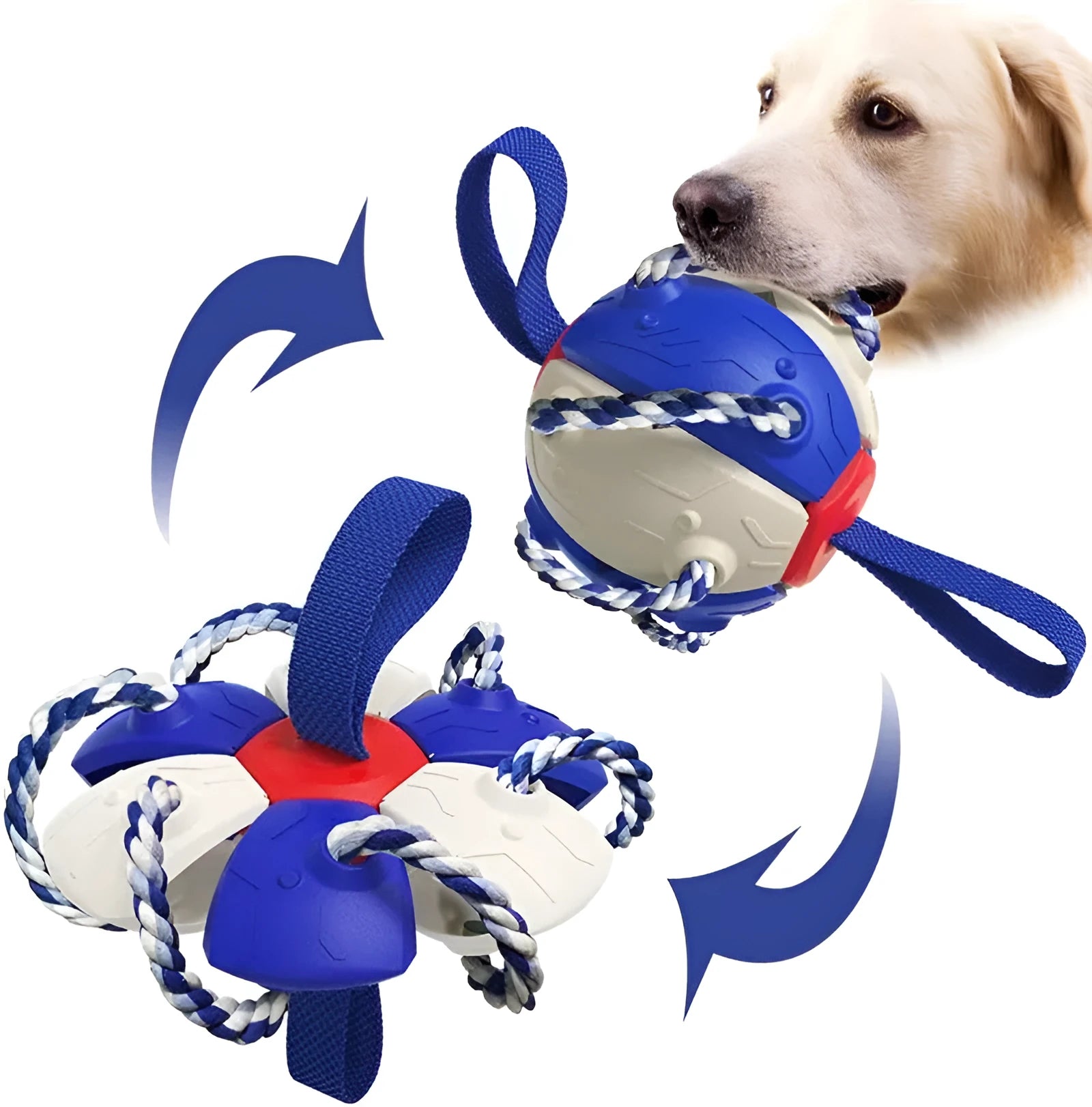 Interactive dog football soccer ball with tabs, flattened into frisbee shape, with woven nylon rope and cotton chewing rope, on grass.