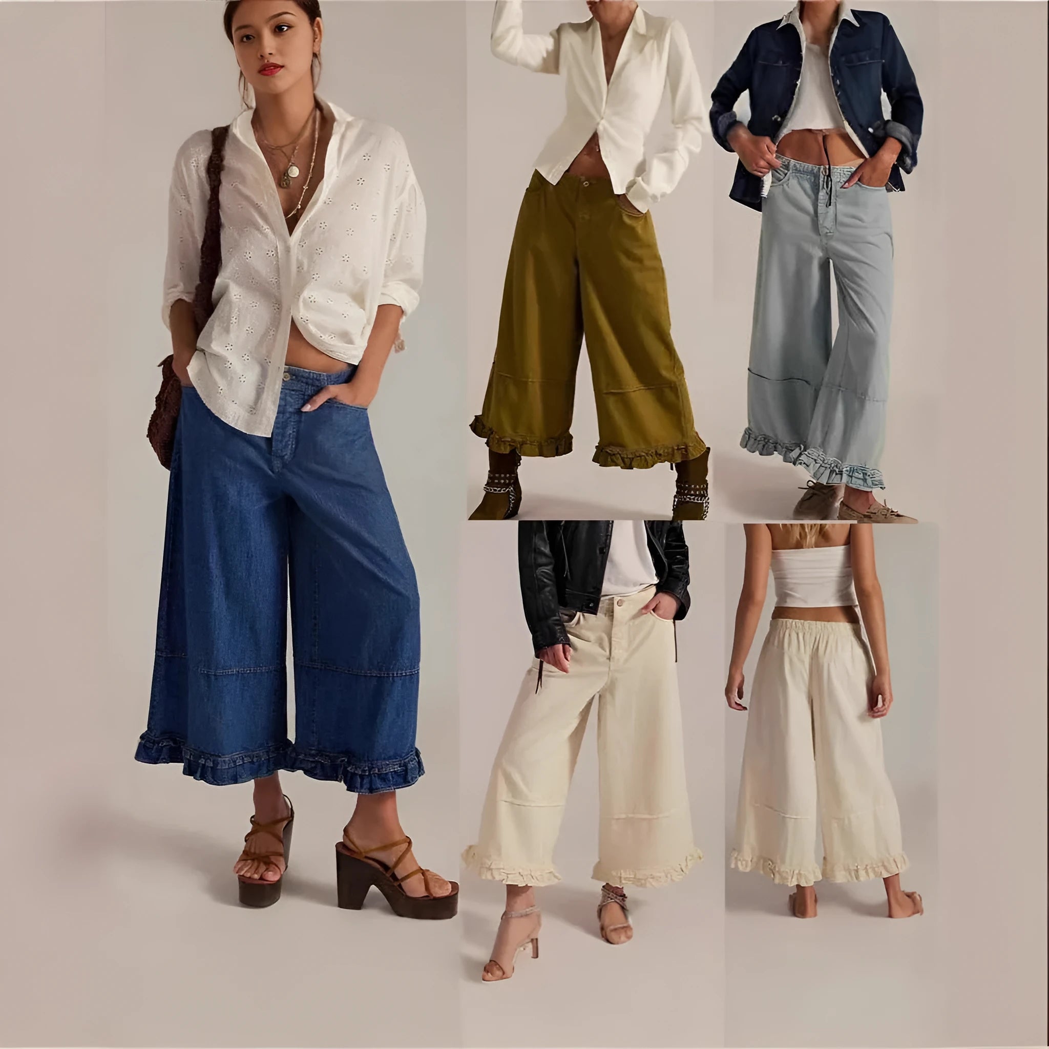 Women's wide-leg cropped lace jeans, high waist, loose fit, denim, available in dark blue, light blue, beige, army green