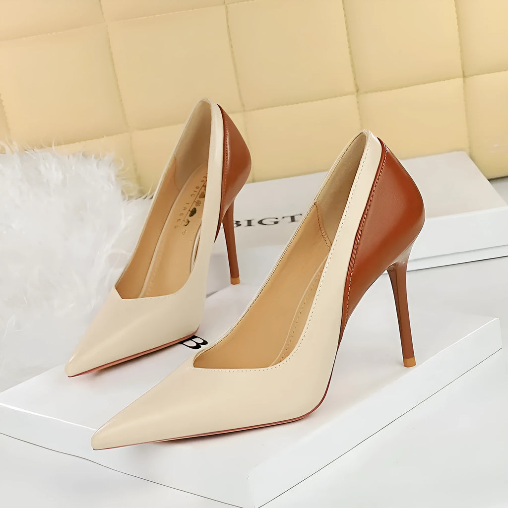 Colour block women's stiletto heel pumps with pointed toe in black and beige