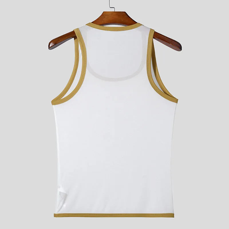Men's solid colour mesh vest with straight hem design in white or black options