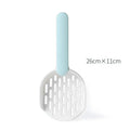 Blue plastic cat litter shovel scoop for cleaning litter boxes, shown next to a litter tray.