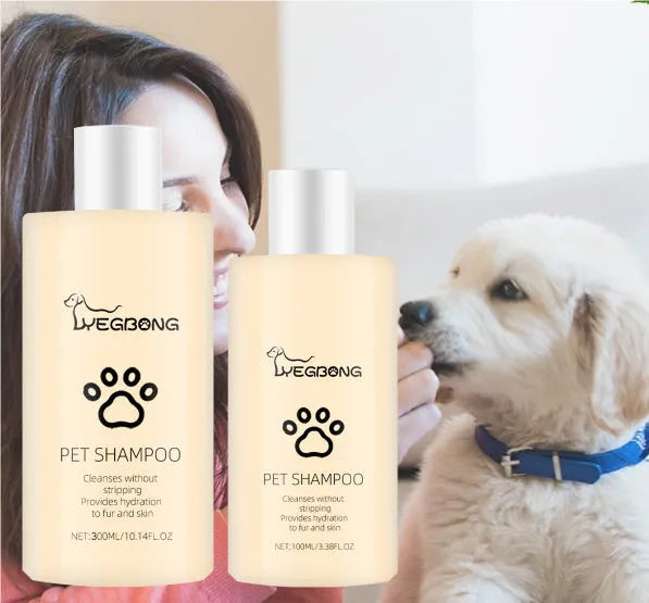 Bottle of mild pet shampoo for dogs and cats in 100ml and 300ml sizes