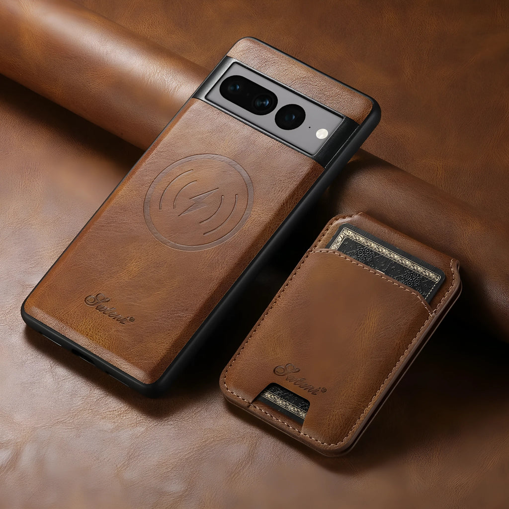 Handcrafted card-inserting magnetic phone case with stand in brown, back view showing card slot and magnetic closure, for Google Pixel 9 Pro XL
