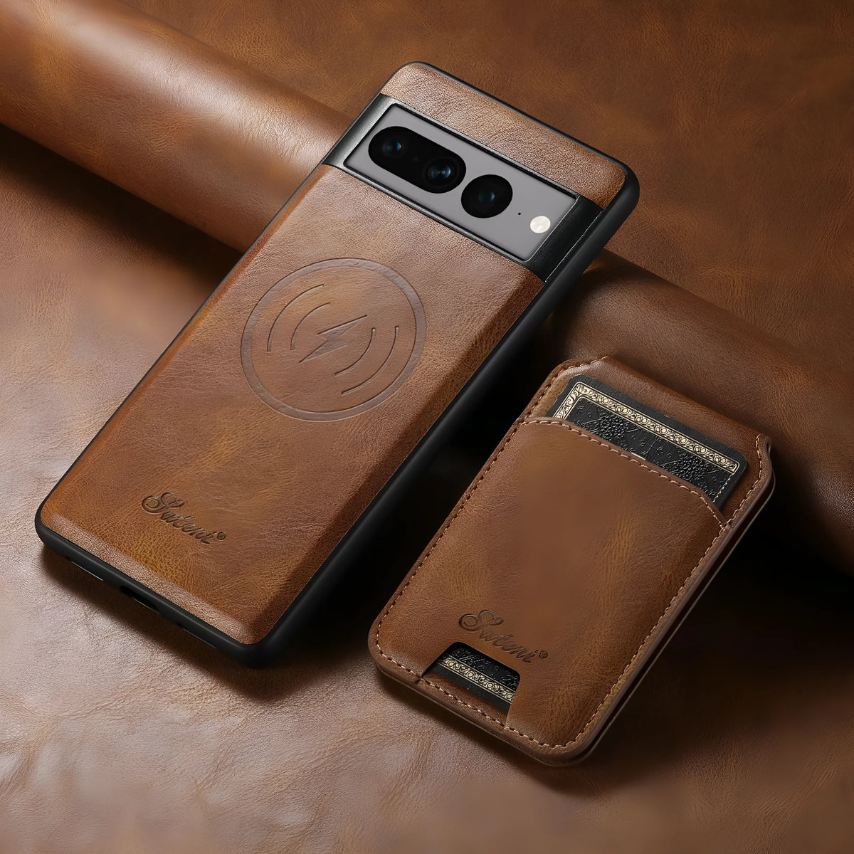 Handcrafted card-inserting magnetic phone case with stand in brown, back view showing card slot and magnetic closure, for Google Pixel 9 Pro XL