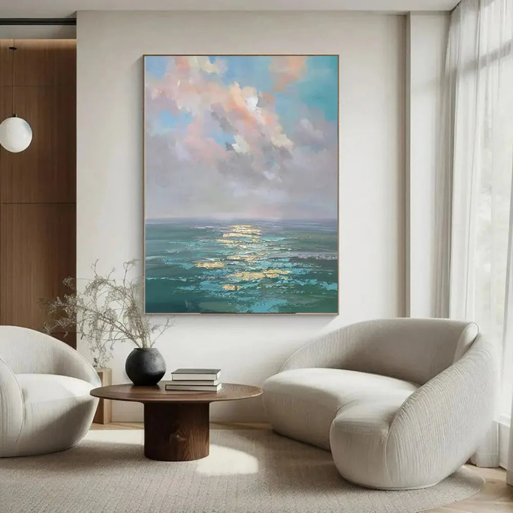 Handmade oil painting canvas wall art, abstract ocean landscape, frameless, multiple sizes up to 120x180cm