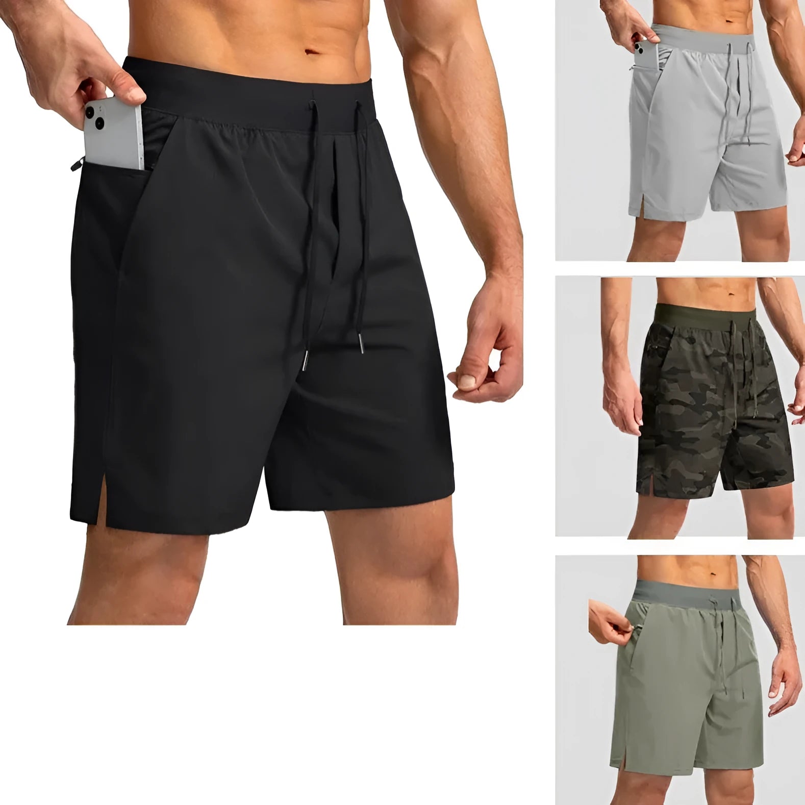 Men's loose nylon quick-dry sports shorts in black, side view, summer training wear