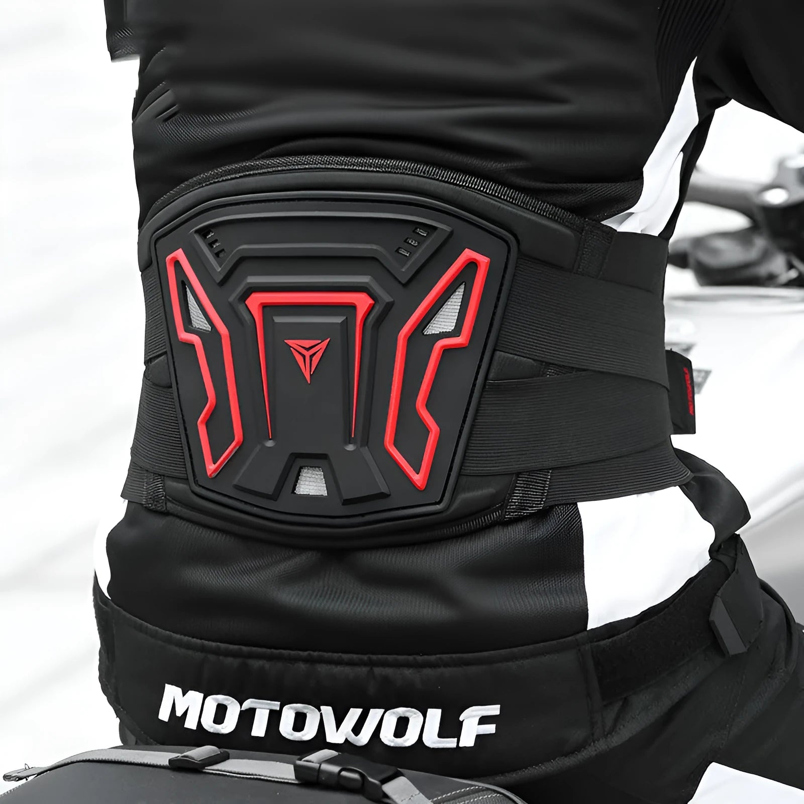 MDL1028 black and red motorcycle waist support harness shown on size chart for M L XL.