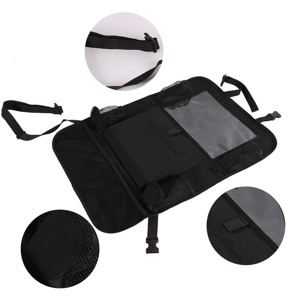 Black multi-pocket car organiser hanging on back seat headrest with phone and drink holders