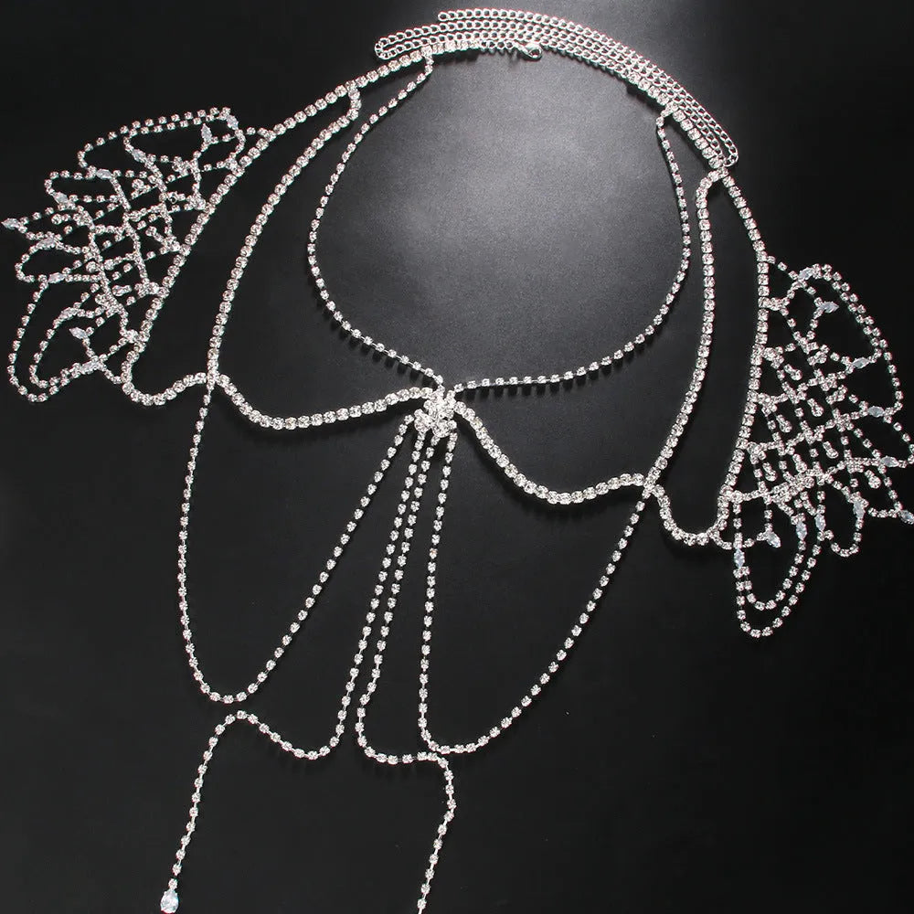 Multi-layer tassel shoulder chain rhinestone men's body chain in gold or silver alloy geometry shape