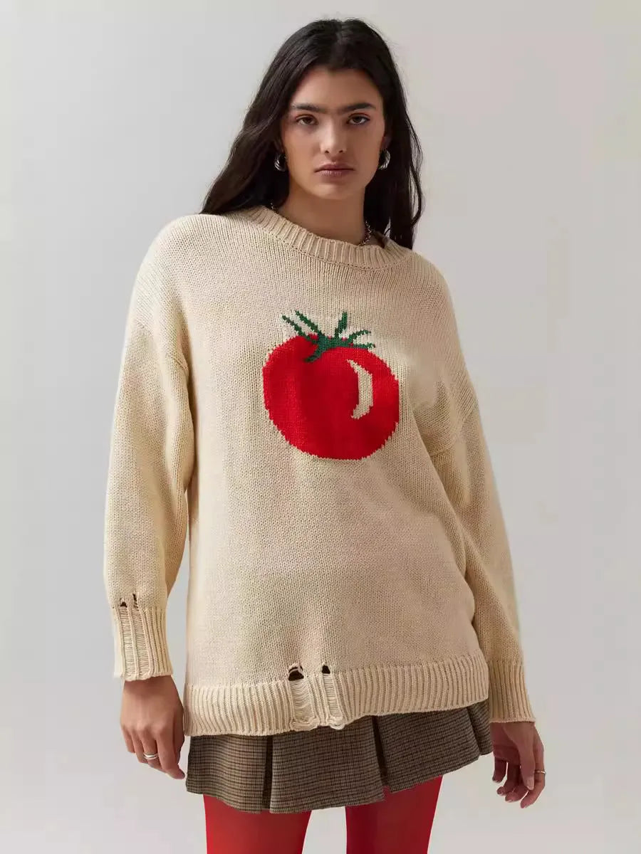 Women's loose-fitting Milky White acrylic pullover sweater with Jacquard pattern and round neck.