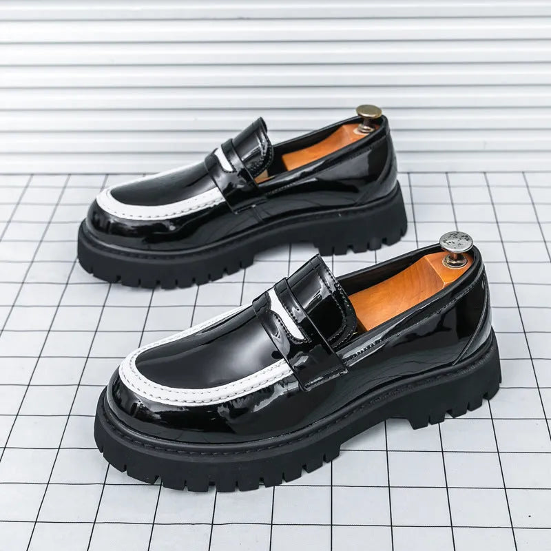Men's chunky heel platform leather shoes in bright black with round toe and low tube design