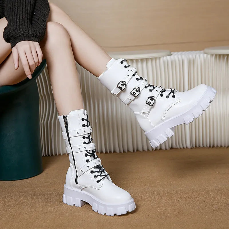 Buckle lace-up side zip punk women's mid boots in black and white, round toe, artificial PU upper and sole