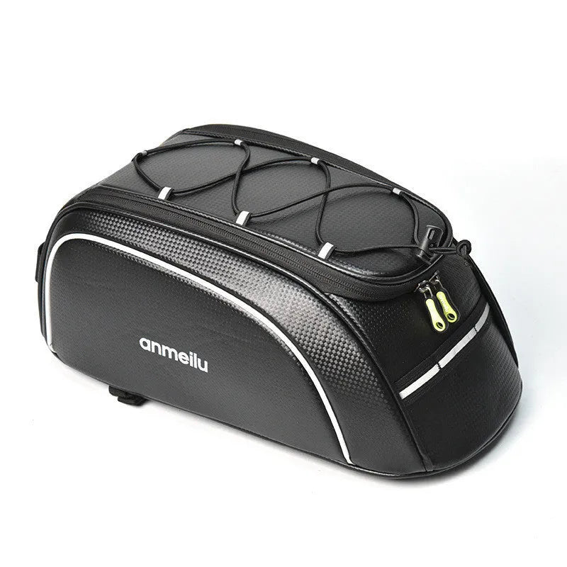 Waterproof black bicycle rack bag mounted on rear bicycle rack showing 8-litre capacity dimensions