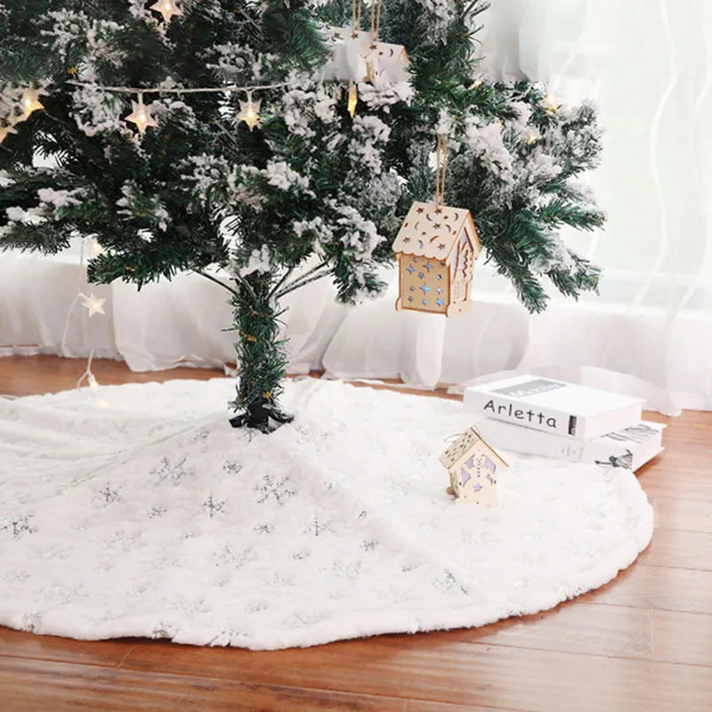 Christmas sequin embroidered tree skirt in silver on floor under decorated tree, 90cm or 122cm imitation rabbit fur polyester
