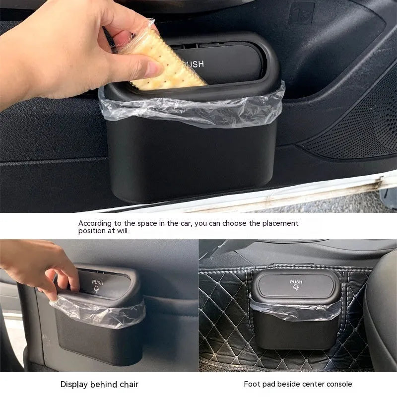Black folding car trash bin with waterproof plastic construction for vehicle seat mounting