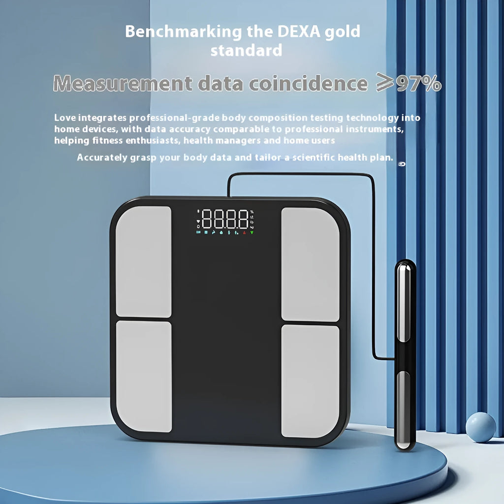 Black electronic weighing scale with tempered glass platform and colour screen displaying body metrics.