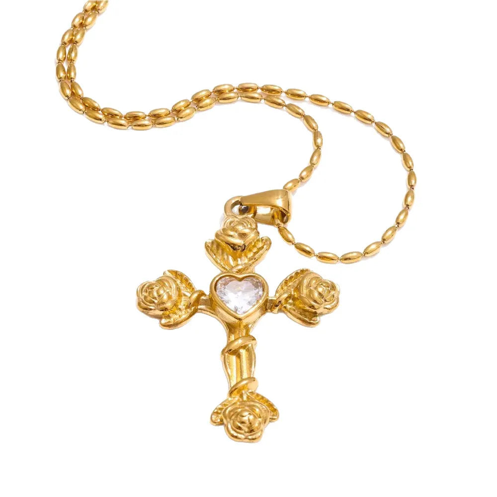 Zircon cross pendant on alloy chain necklace for women in European American style
