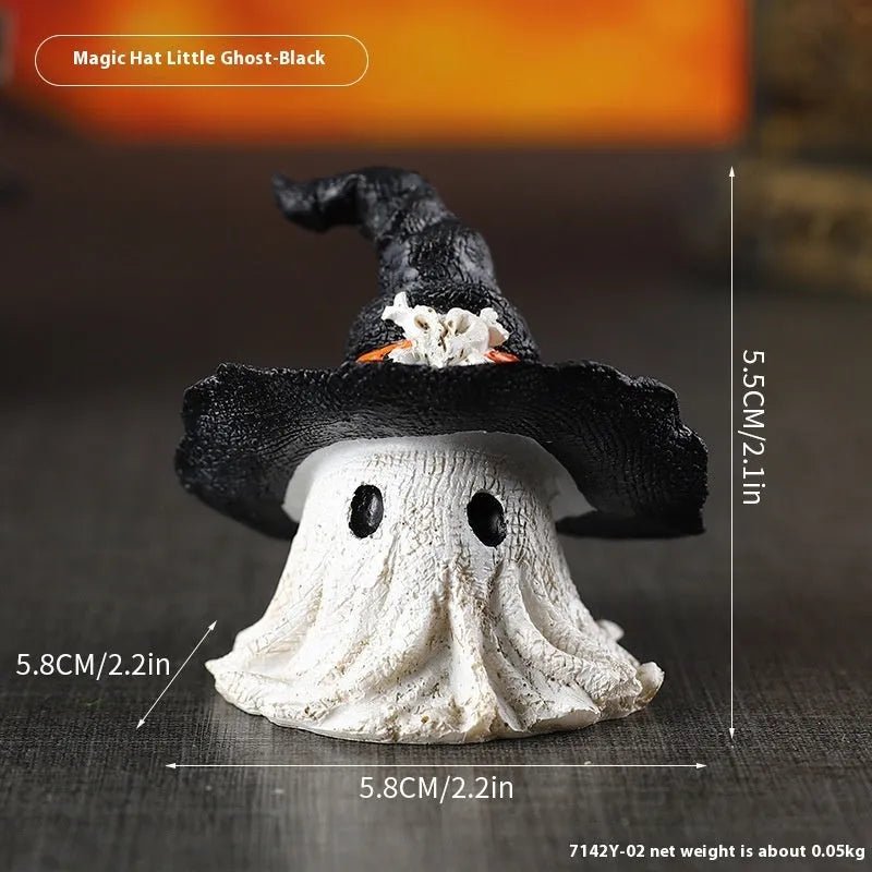 Resin Halloween wizard hat ghost ornament in black or purple colours for seasonal decoration