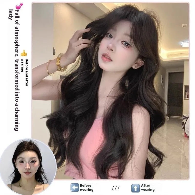 Natural black 65cm big wave wig with seamless ultra-thin breathable construction for ladies
